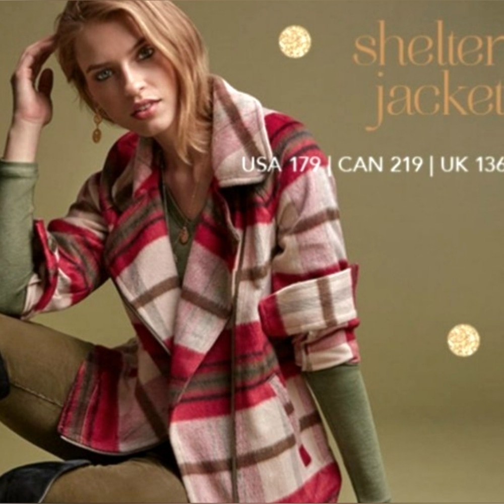 Cabi Limited Edition Shelter Jacket Asymmetrical Red Cream Check Plaid Boho